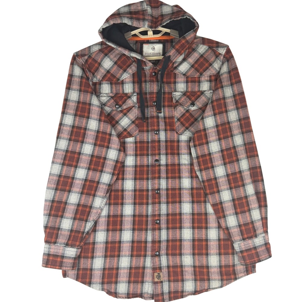 Legendary Whitetails Mens M Hooded Flannel Shirt Orange Plaid Snap Western